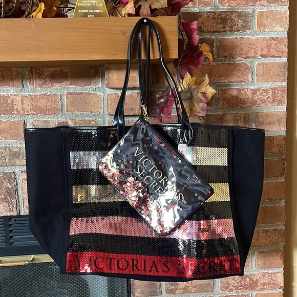 NWT Victoria's Secret Sequin Striped Bag w/ Bonus Cosmetic Bag - Picture 1 of 6